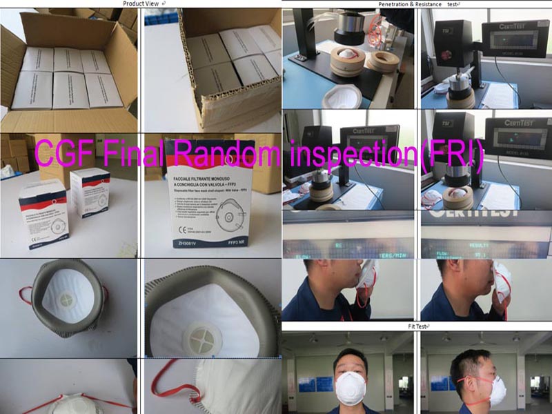 China CGF Final Random inspection(FRI) for medical mask，surgical mask，Facciale filtrante monouso pieghevole convalvola and medical products inspection 